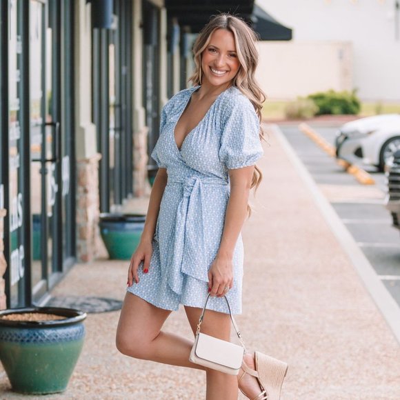 Minkpink Vale Mini Wrap Dress Cornflower Blue Medium - Picture 3 of 7